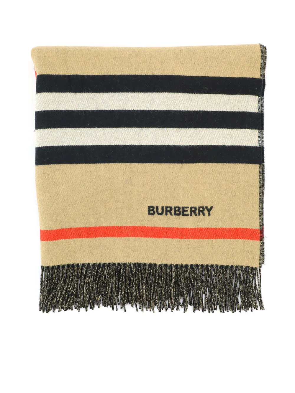 Burberry Logo Embroidered Striped Fringed Scarf