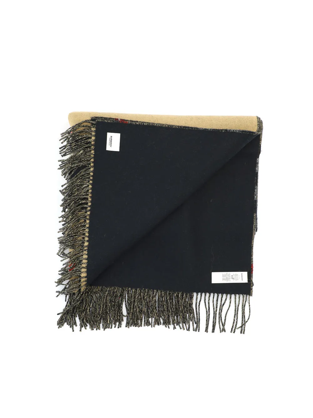 Burberry Logo Embroidered Striped Fringed Scarf